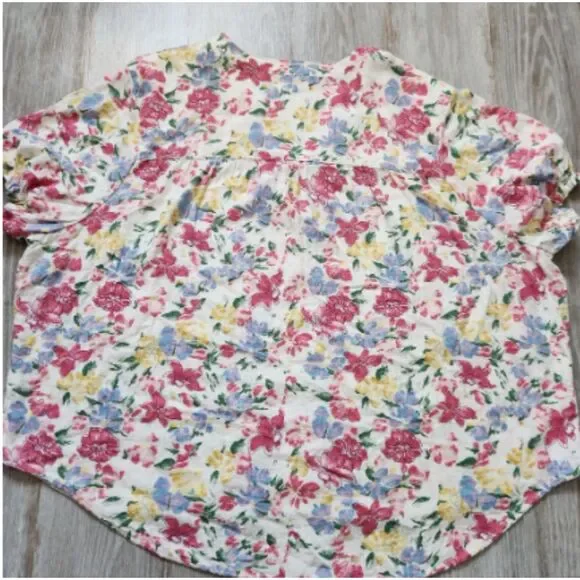 Falls Creek Linen Blend Floral Shirt Short Ruffle Sleeves V Neck Plus Sz 3X EUC - Picture 8 of 8